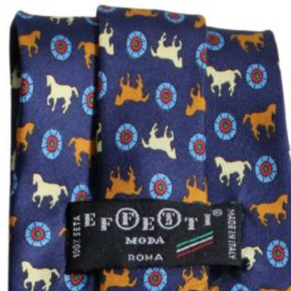 EFFESTI MODA Tie 100% Silk, Equestrian - Cognac, Light Blue, Burgundy & Navy - Picture 8 of 9